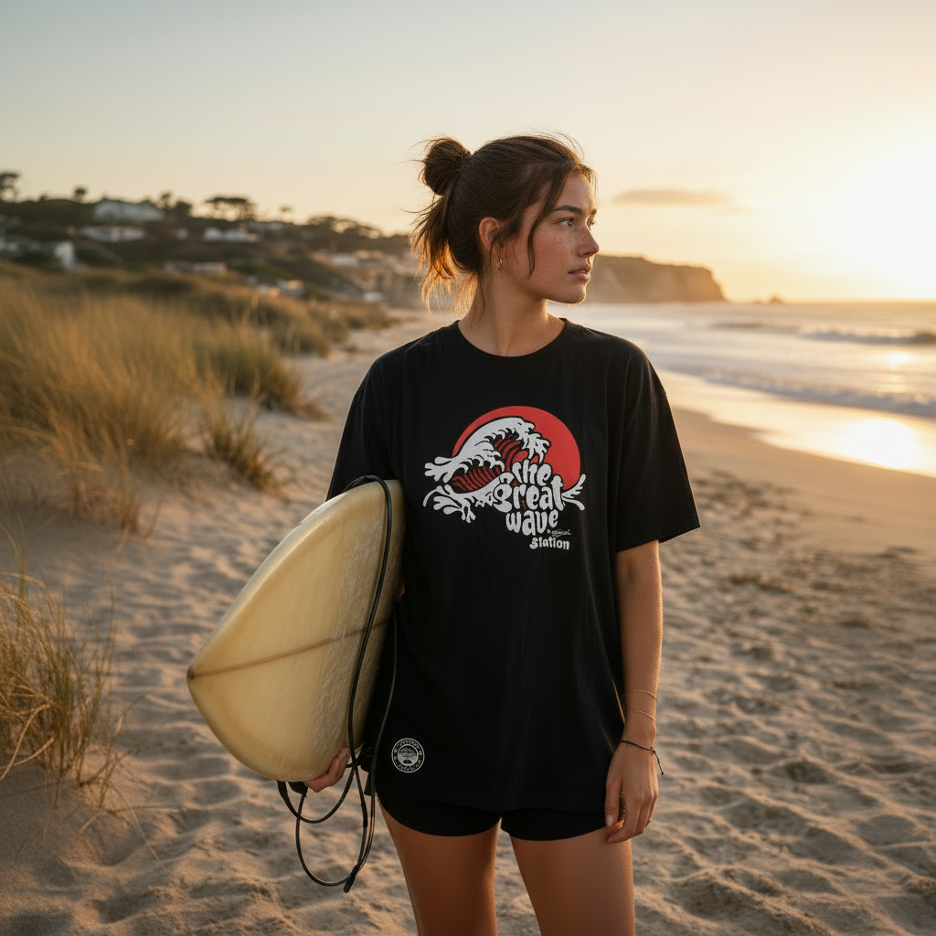 Mujer surfer con camiseta negra Great Wave Station en playa al atardecer, tabla de surf bajo el brazo